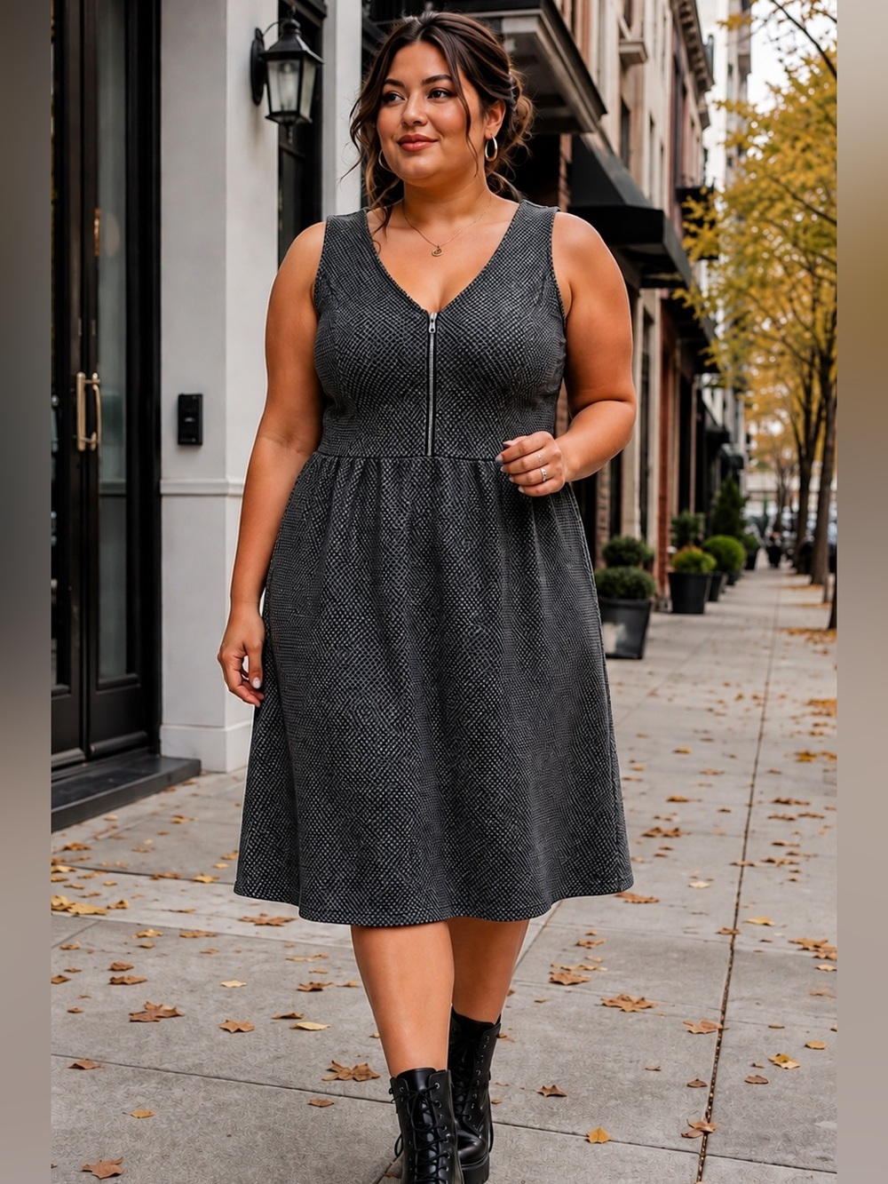 Pennington’s Textured Midi Charcoal Gray Pocket V Neck Fall Checkered Dress